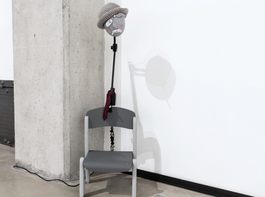 Jasper Spicero 'Security Proctor', 2014 Printed plastic, bow-tie, universal cable chain, magnifying lamp. daycare furniture, knitwear, wall paint, harware