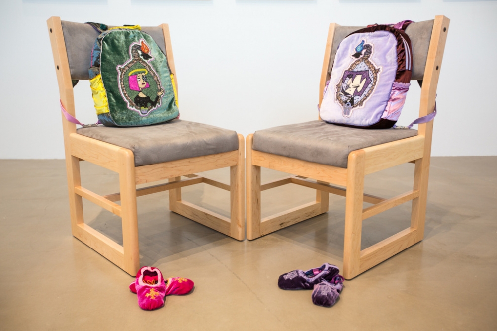Bunny Rogers 'State Skool Chairs', 2014 Maple wood, grey faux suede, custom-made backpacks, custom-made ballet slippers 95 x 113 x 113 cm